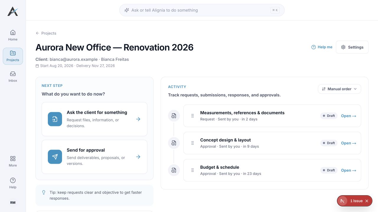 English renovation project in Alignia with requests, deliverables and approvals on a timeline