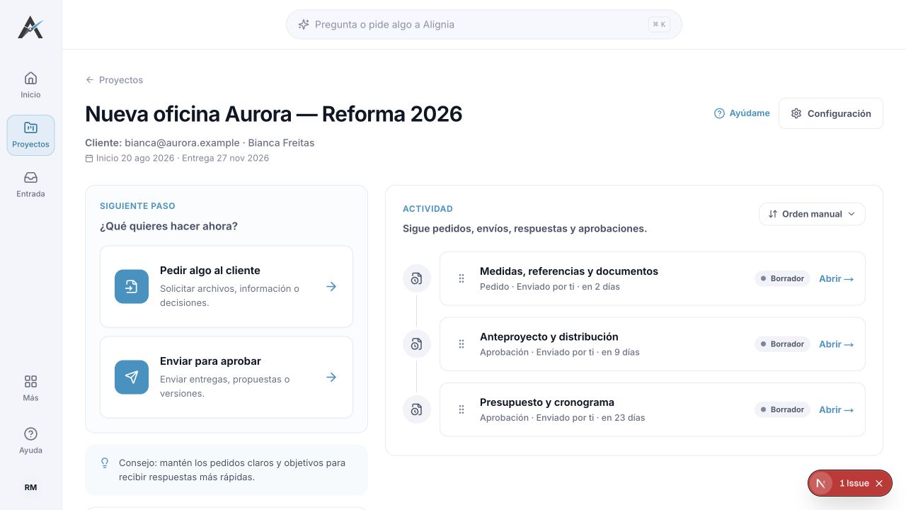 Proyecto de reforma en español en Alignia con solicitudes, entregables y aprobaciones en una línea de tiempo